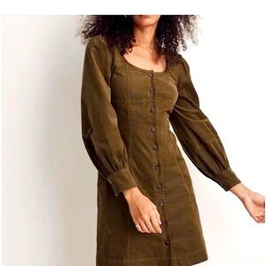 Madewell green corduroy knee length dress with balloon sleeves and square neck